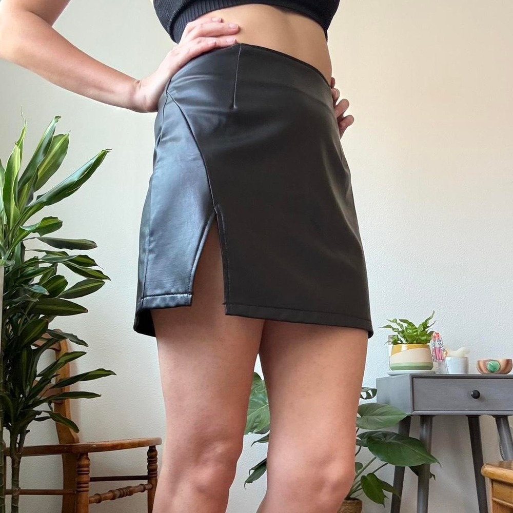 Black Faux Leather Mini Skirt with Front Slit High Waisted Size Small